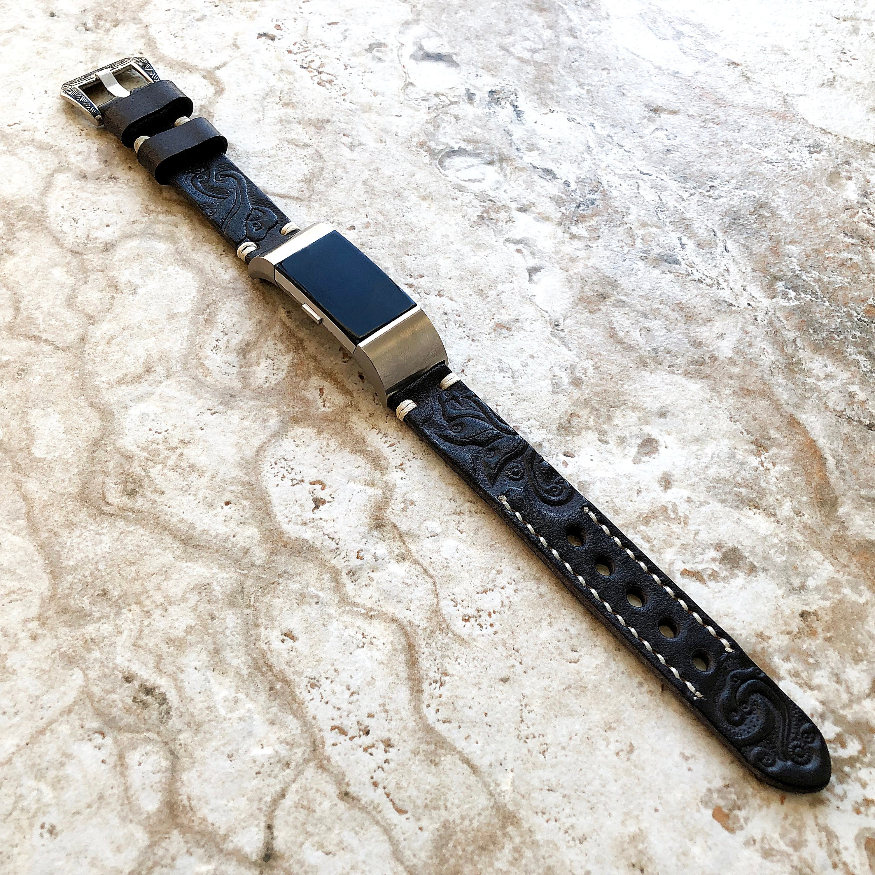 Fitbit Charge 6 5 4 3 Black Gray Tooled Embossed Handmade Leather Band Strap Bracelet for Fitness Tracker Wristband Adapters Quick Release